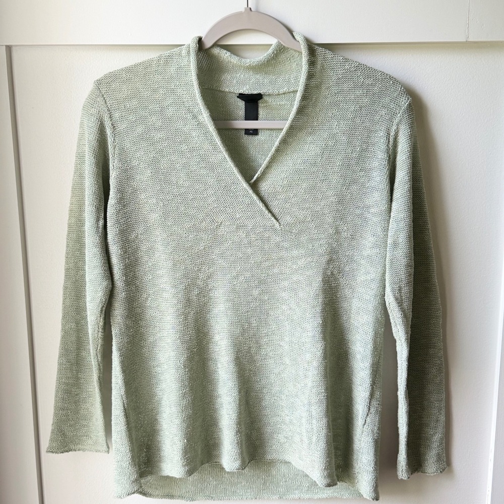 Eileen Fisher Roll-Neck Sweater Linen Sage Green High-Low V-Neck Petite Small
